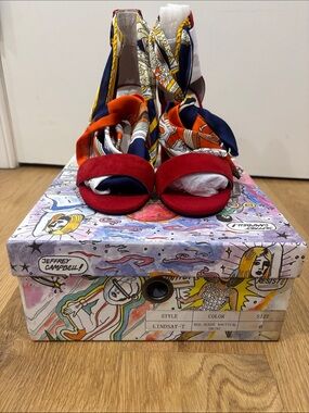 Jeffrey Campbell Red Suede Open-Toe Wrap Heels with Nautical Scarf Print
